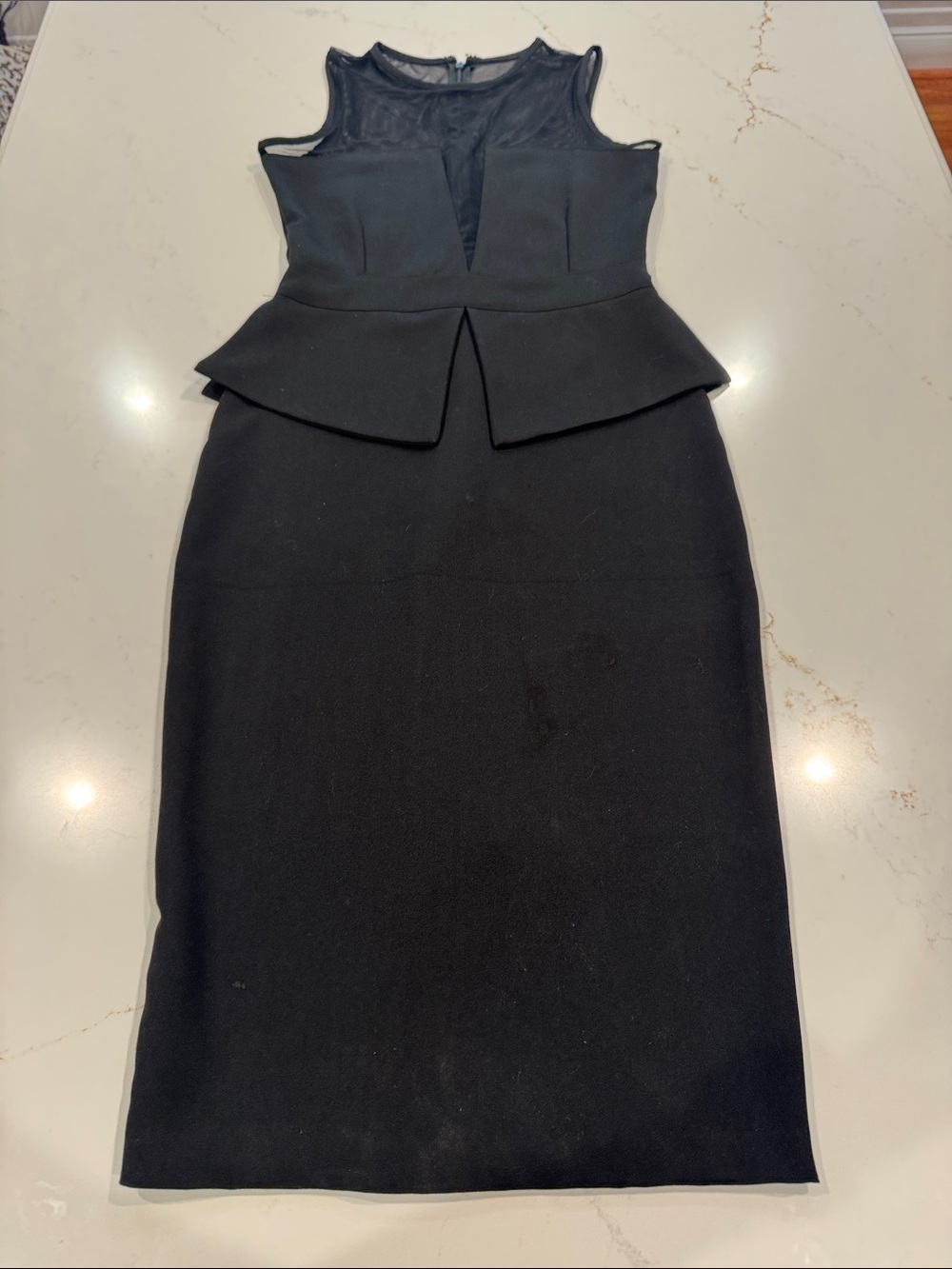 Black Sleeveless Peplum Midi Dress with Sheer Neckline